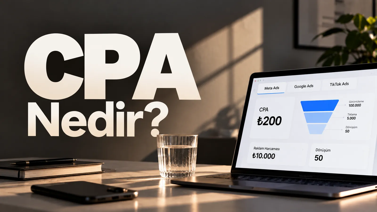 CPA Nedir? başlığı ve reklam panelinde CPA 200 TL gösteren dizüstü bilgisayar