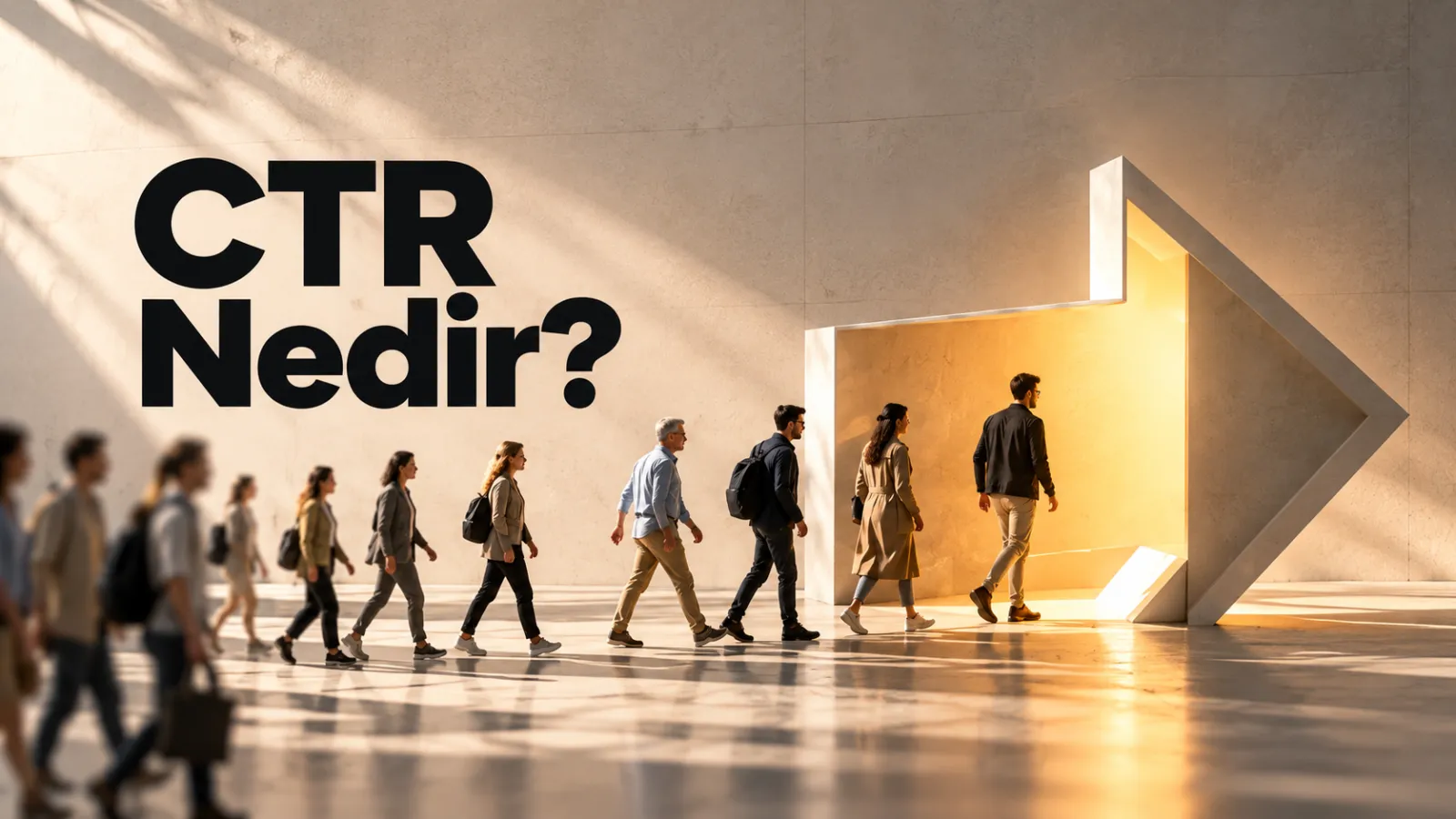 CTR Nedir? başlığı ve ışıklı ok biçimindeki bir geçide doğru yürüyen insanlar
