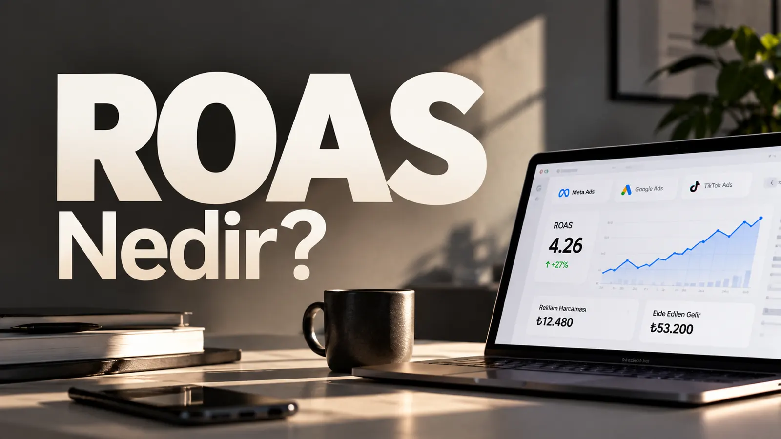 ROAS Nedir? başlığı ve reklam panelinde ROAS 4,26 gösteren dizüstü bilgisayar